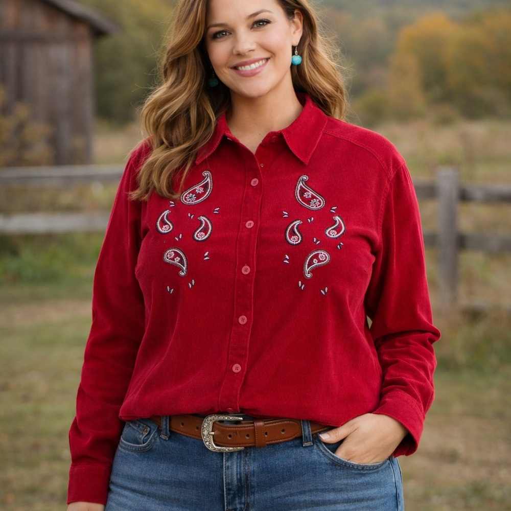 Vintage Women’s Button down Micro Corduroy Embroidered Paisley Cotton Western 2X